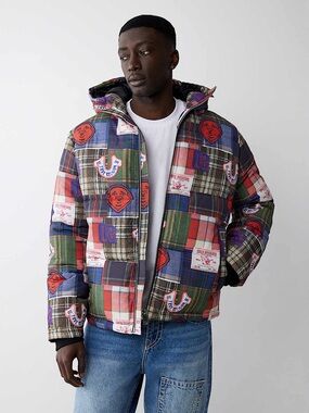 True Religion Plaid Patchwork Puffer Jacket Serape Print Size M
